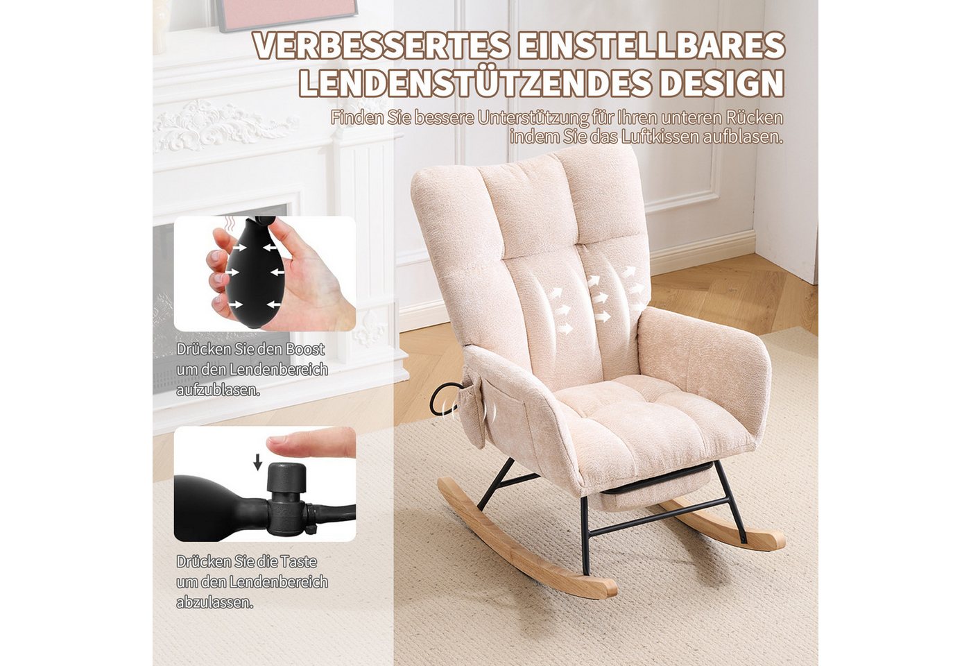 Vankel Schaukelstuhl Schaukelstuhl Wohnzimmer mit Fußstütze & Luftkissen-Rückenlehne, Chenille Relaxsessel mit Stauraum & Komfort Rückenlehne Bild 3