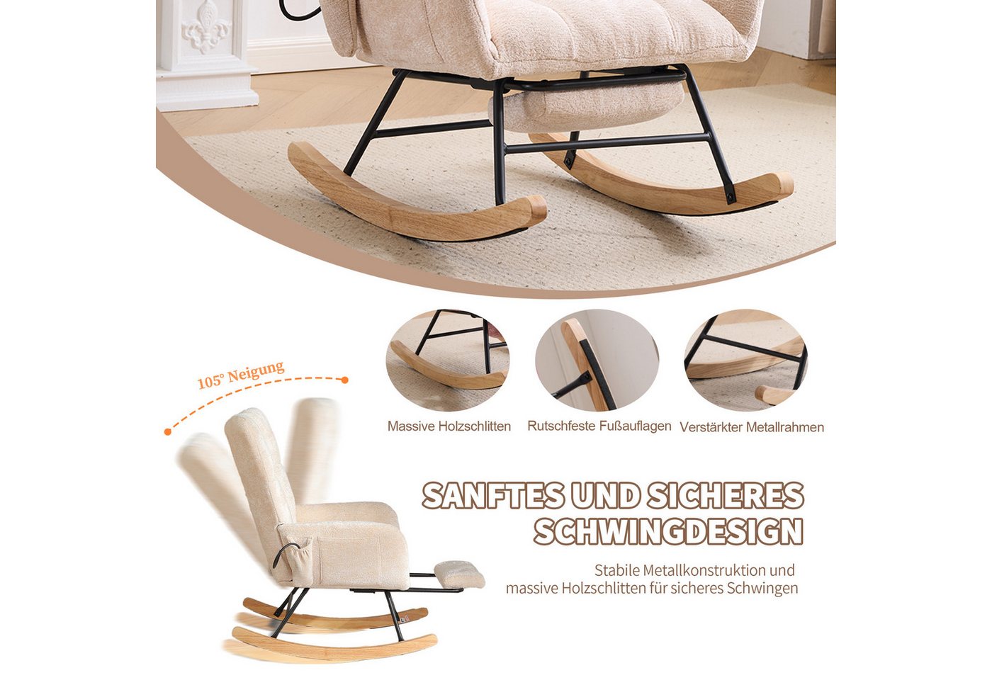 Vankel Schaukelstuhl Schaukelstuhl Wohnzimmer mit Fußstütze & Luftkissen-Rückenlehne, Chenille Relaxsessel mit Stauraum & Komfort Rückenlehne Bild 5