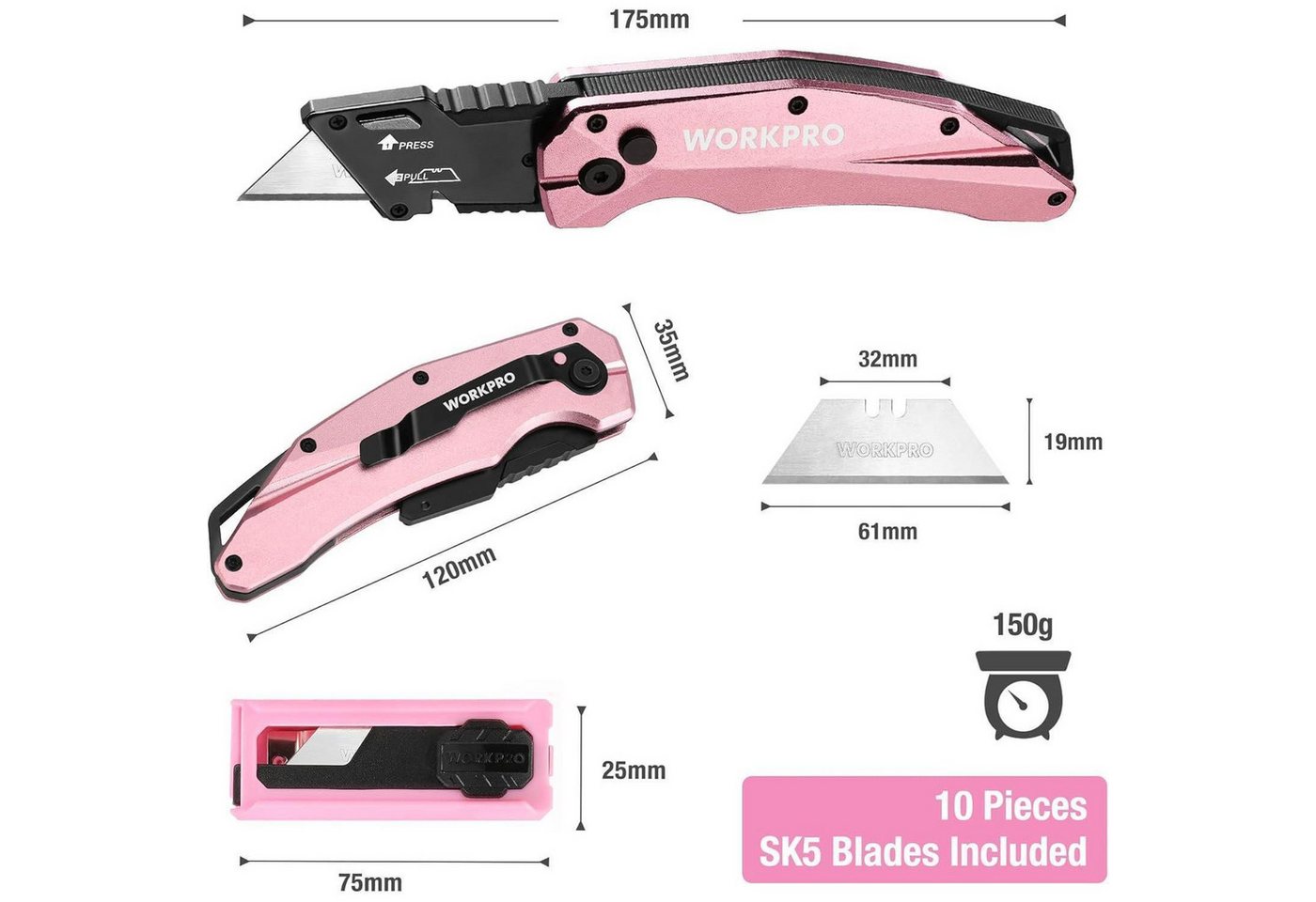 LuxusKollektion Cuttermesser Teppichmesser Klappbar Vollmetall Schnellwechsel 10 Klingen Rosa