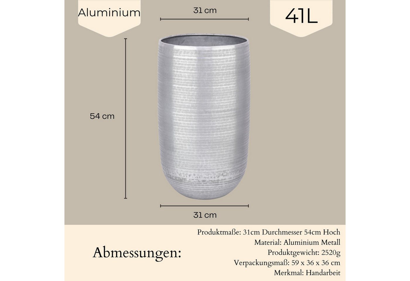 Marrakesch Orient & Mediterran Interior Übertopf Moderner Blumentopf Camiel Silber handgefertigt aus Aluminium 54 cm (1 St), Handarbeit Bild 5