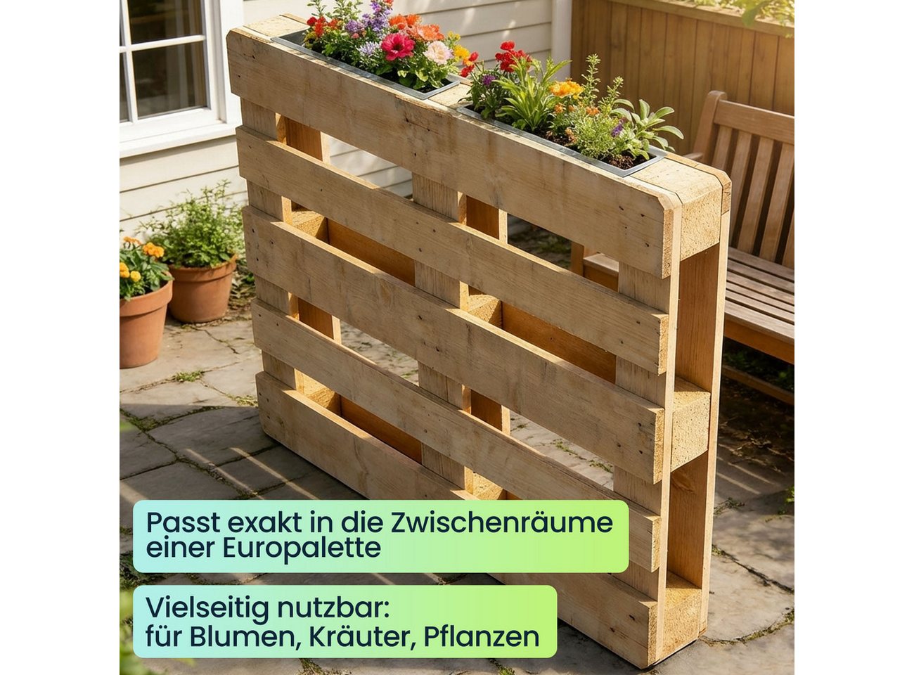 shop'n smile ideoon Blumenkasten Premium Pflanzkasten für Europaletten aus verzinktem Metall (8 St., 1-er, 2-er, 4-er, 6-er, 8-er Set), 3 Ablauflöchern, Blumenkasten für Palettenmöbel Bild 2