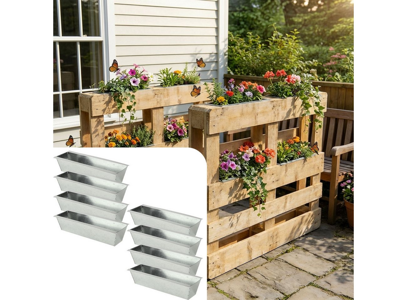 shop'n smile ideoon Blumenkasten Premium Pflanzkasten für Europaletten aus verzinktem Metall (8 St., 1-er, 2-er, 4-er, 6-er, 8-er Set), 3 Ablauflöchern, Blumenkasten für Palettenmöbel Bild 3