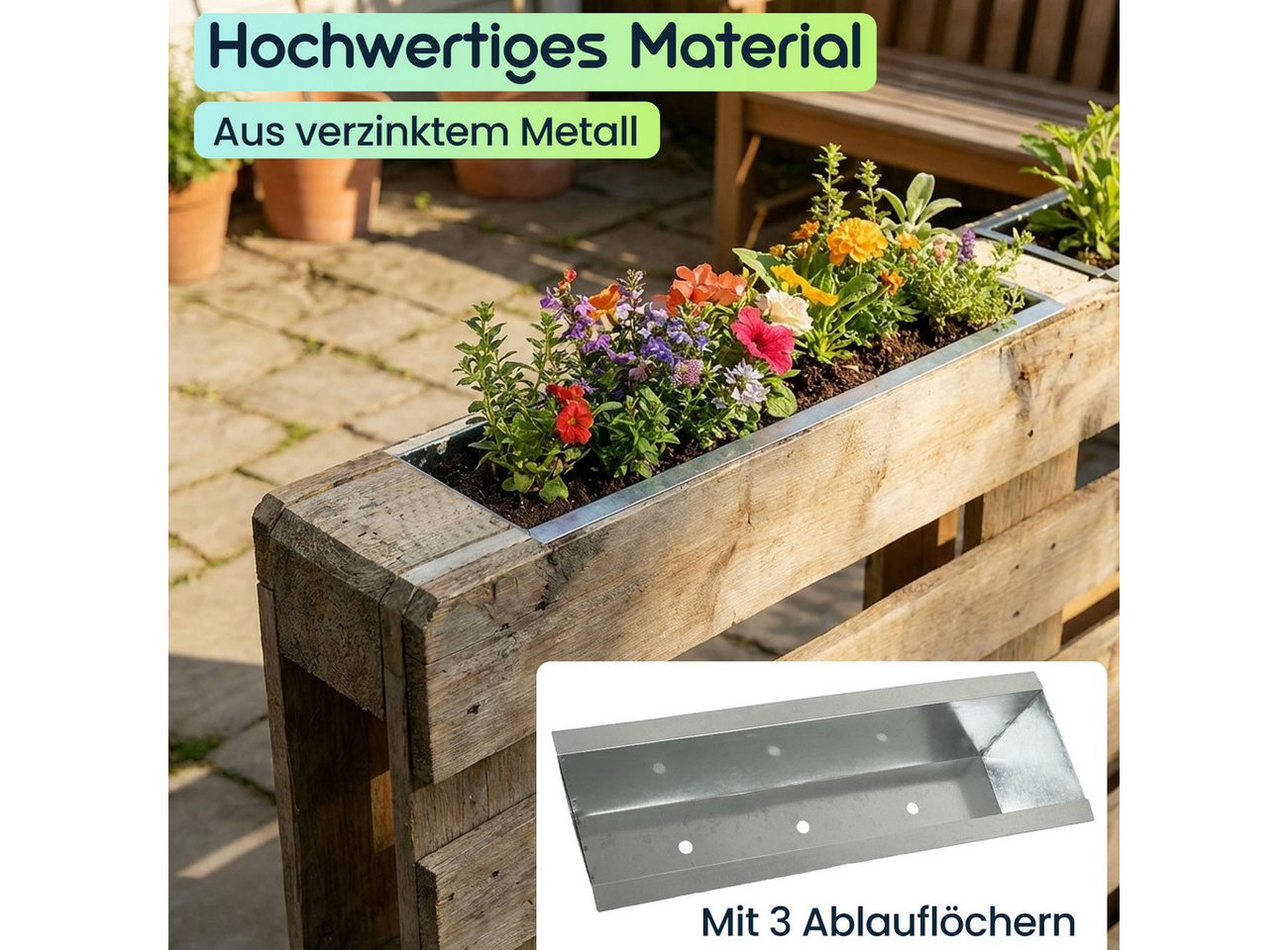 shop'n smile ideoon Blumenkasten Premium Pflanzkasten für Europaletten aus verzinktem Metall (8 St., 1-er, 2-er, 4-er, 6-er, 8-er Set), 3 Ablauflöchern, Blumenkasten für Palettenmöbel Bild 4