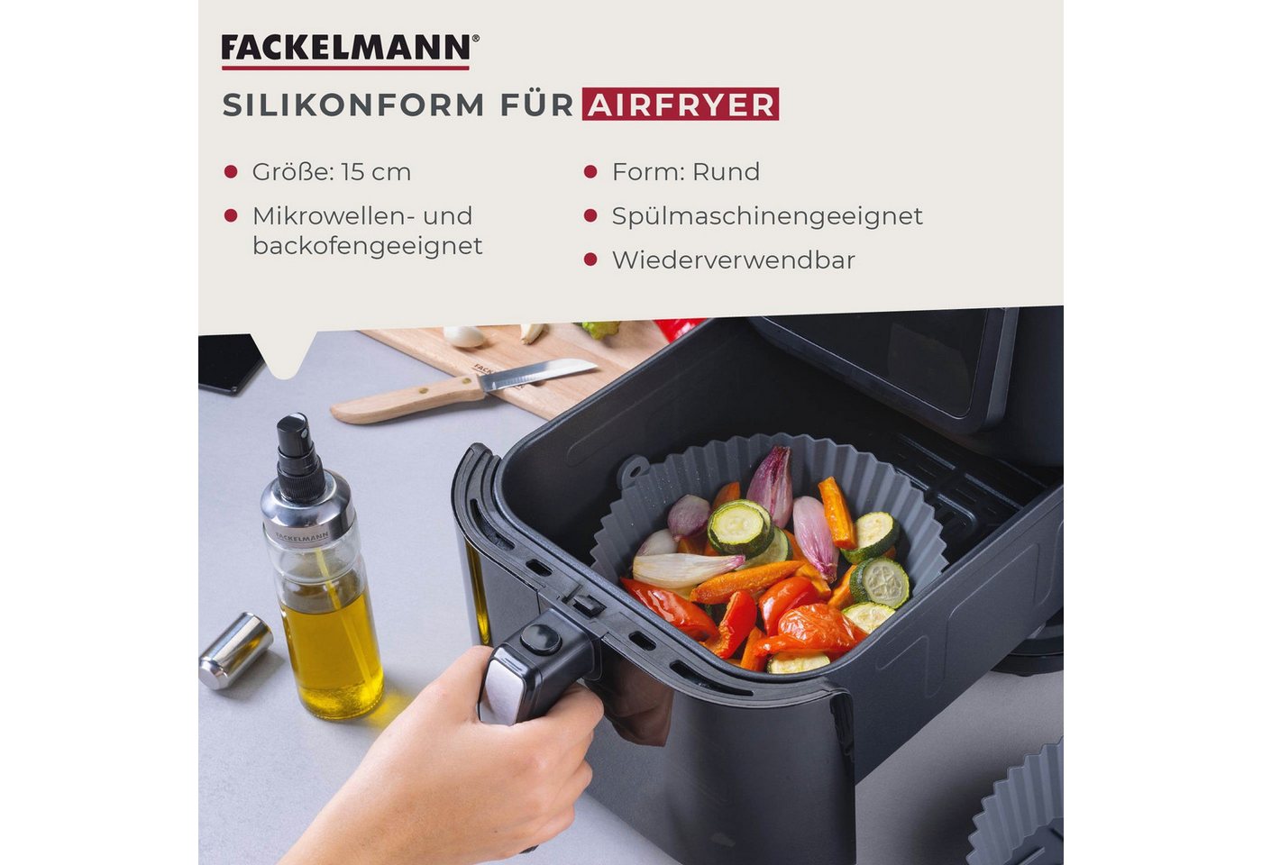FACKELMANN Silikonform Backform für Heißluftfritteuse, Backform, Fritteusen-Einsatz, Rundform Bild 5