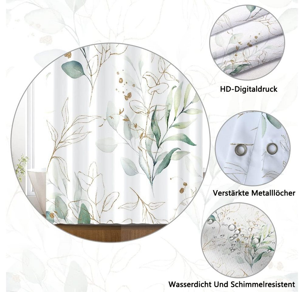Minicloss Duschvorhang Eukalyptus, Duschvorhang Grün Gold Blätter Pflanzen Duschvorhäng Breite 180 cm, Anti Schimmel Wasserdicht Blickdicht Waschbar Bad Vorhang Bild 3