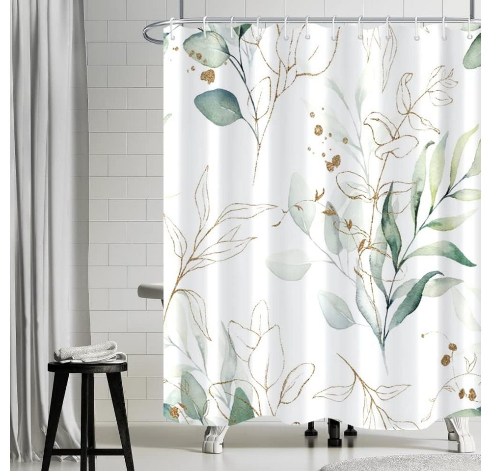 Minicloss Duschvorhang Eukalyptus, Duschvorhang Grün Gold Blätter Pflanzen Duschvorhäng Breite 180 cm, Anti Schimmel Wasserdicht Blickdicht Waschbar Bad Vorhang Bild 5