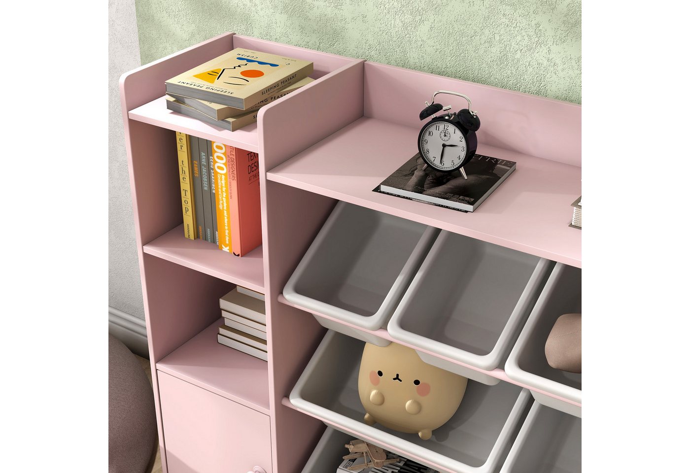 MODFU Kinderregal Rosa mit 8 Boxen für Spielzeug und Bücher Aufbewahrung, Herausnehmbare Boxen für einfaches Sortieren von Spielzeug & Büchern 1-tlg., Praktisches Aufbewahrungsregal für mehr Ordnung im Kinderzimmer