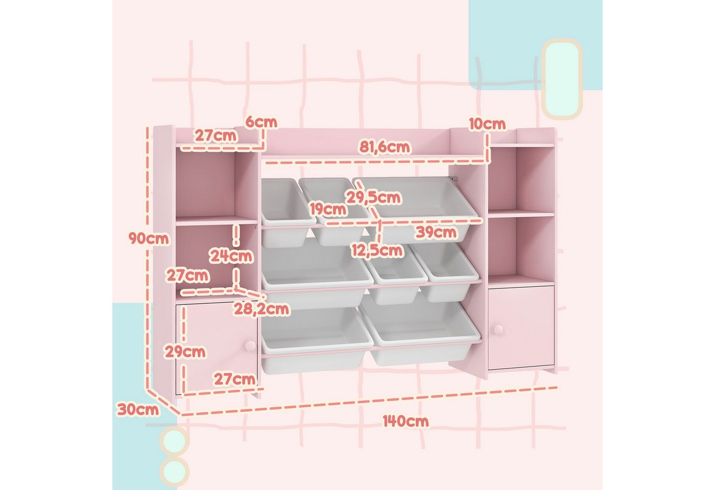 MODFU Kinderregal Rosa mit 8 Boxen für Spielzeug und Bücher Aufbewahrung, Herausnehmbare Boxen für einfaches Sortieren von Spielzeug & Büchern 1-tlg., Praktisches Aufbewahrungsregal für mehr Ordnung im Kinderzimmer Bild 2