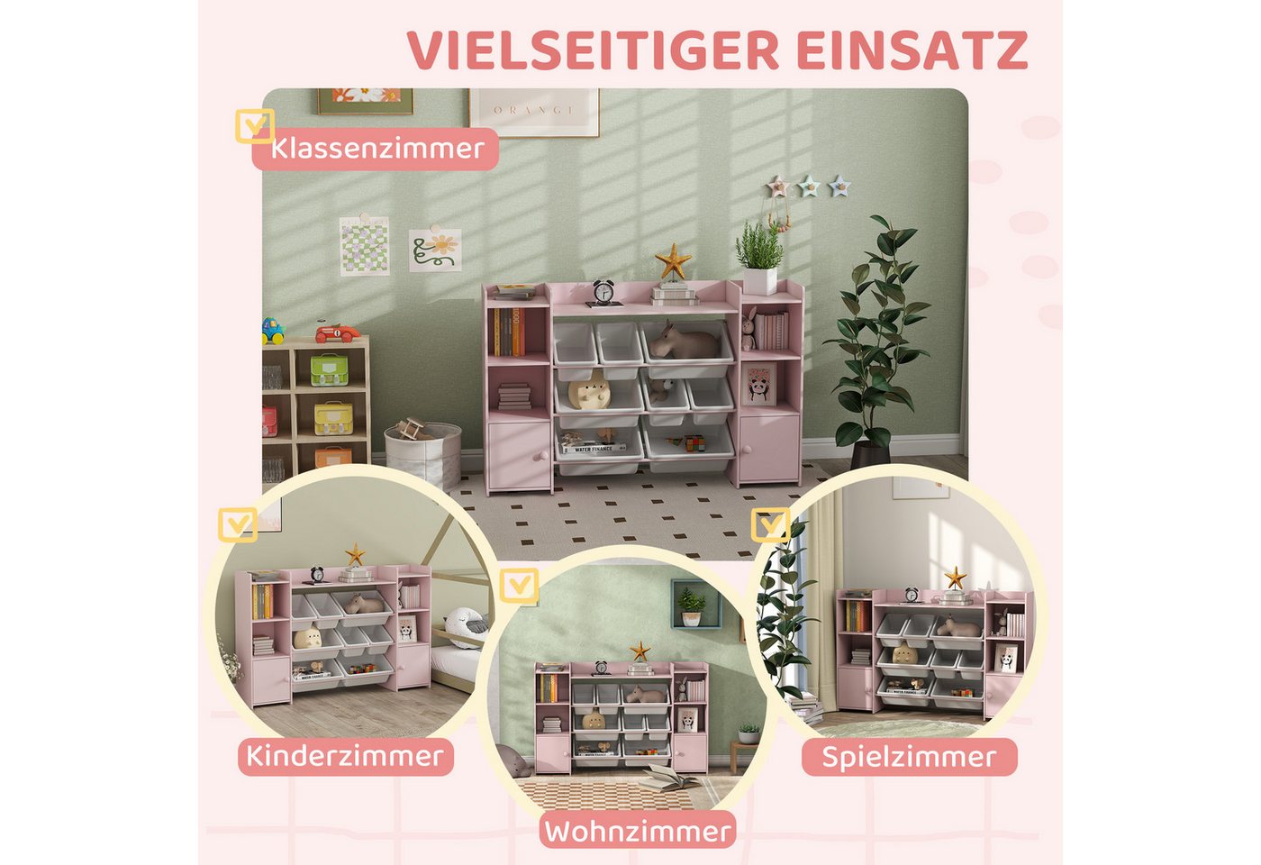 MODFU Kinderregal Rosa mit 8 Boxen für Spielzeug und Bücher Aufbewahrung, Herausnehmbare Boxen für einfaches Sortieren von Spielzeug & Büchern 1-tlg., Praktisches Aufbewahrungsregal für mehr Ordnung im Kinderzimmer Bild 3