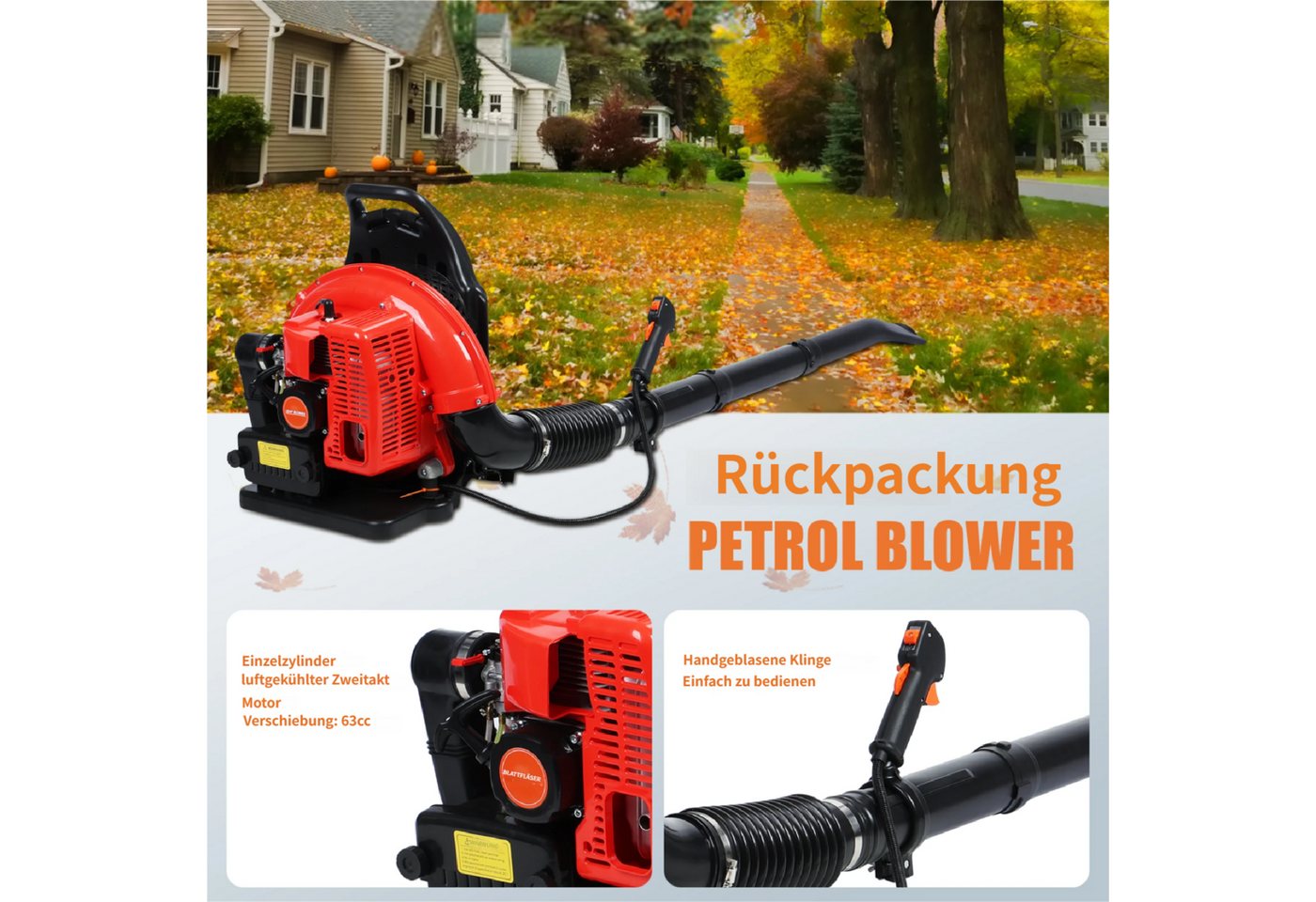Rutaqian Benzin-Laubbläser Benzin-Laubbläser, 63CC-Benzin-Rucksack-Laubbläser 665CFM 2-Takt, Laubbläser, Schneefräse für Rasenpflege, Garten, Staub und Schmutz
