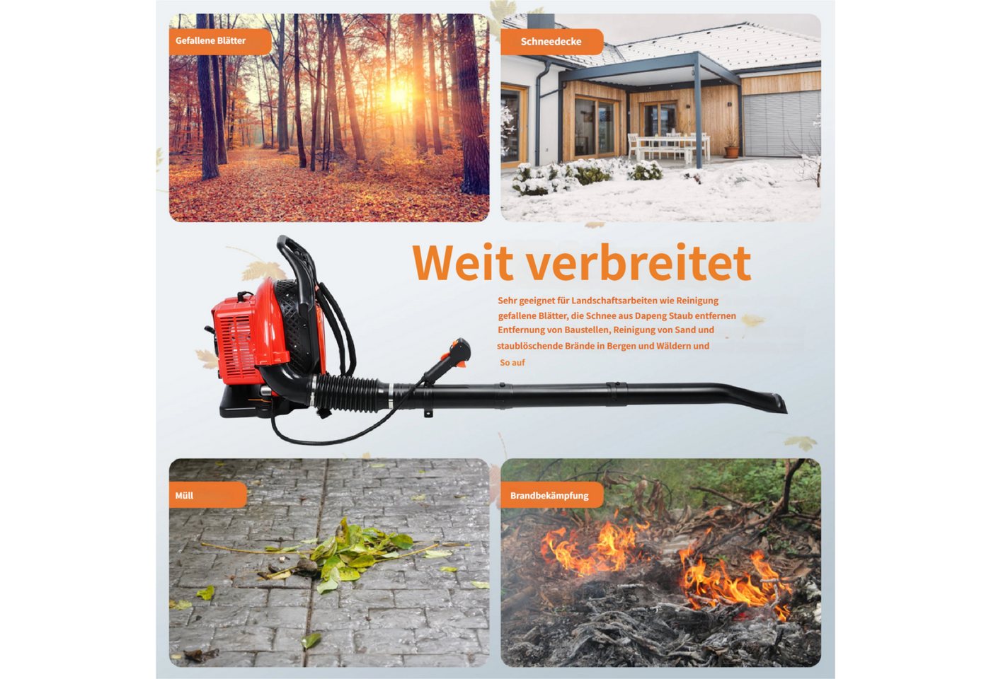 Rutaqian Benzin-Laubbläser Benzin-Laubbläser, 63CC-Benzin-Rucksack-Laubbläser 665CFM 2-Takt, Laubbläser, Schneefräse für Rasenpflege, Garten, Staub und Schmutz Bild 2