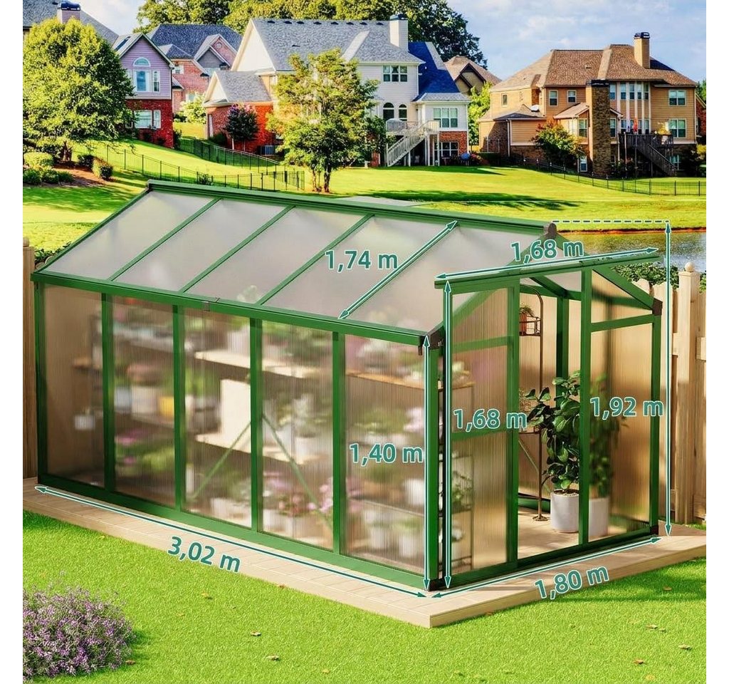 GarveeMore Wintergarten Begehbares Gewächshaus, Aluminiumrahmen Polycarbonat‑Platten, 183×305cm, mit Regenrinne, Pflanzenhaus, Gartengewächshaus