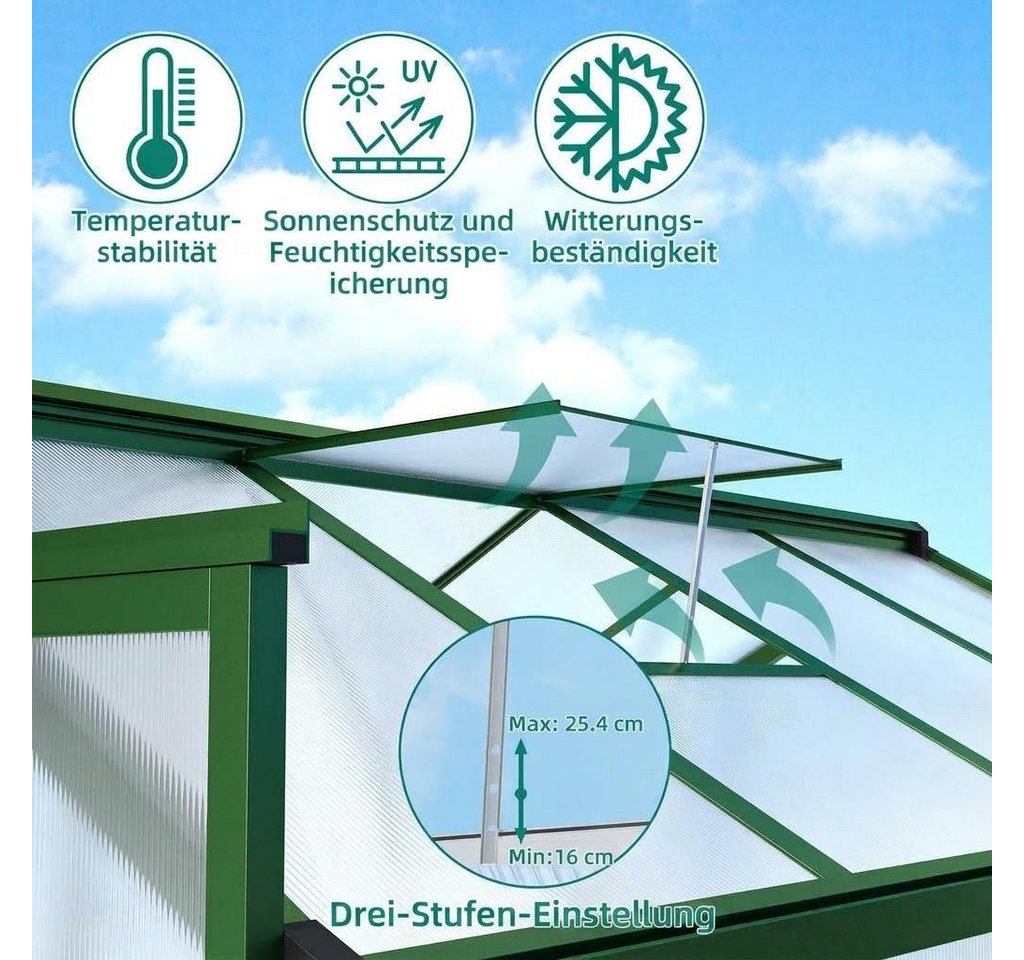 GarveeMore Wintergarten Begehbares Gewächshaus, Aluminiumrahmen Polycarbonat‑Platten, 183×305cm, mit Regenrinne, Pflanzenhaus, Gartengewächshaus Bild 2