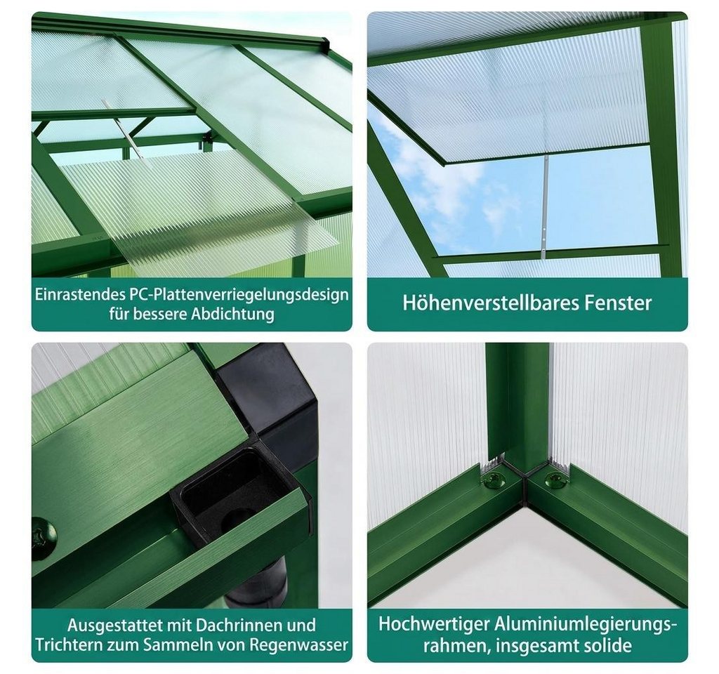 GarveeMore Wintergarten Begehbares Gewächshaus, Aluminiumrahmen Polycarbonat‑Platten, 183×305cm, mit Regenrinne, Pflanzenhaus, Gartengewächshaus Bild 5