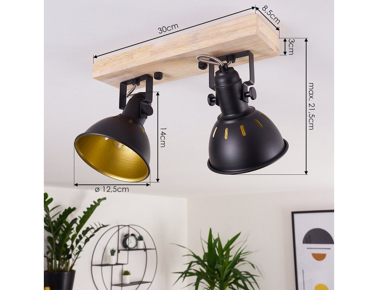 hofstein Deckenleuchte »Arazane« 2-flammiger aus Metall schwarz-gold und Holz, ohne Leuchtmittel, Retro Deckenlampe, 2xE14, die Leuchtenköpfe sind dreh-/schwenkbar