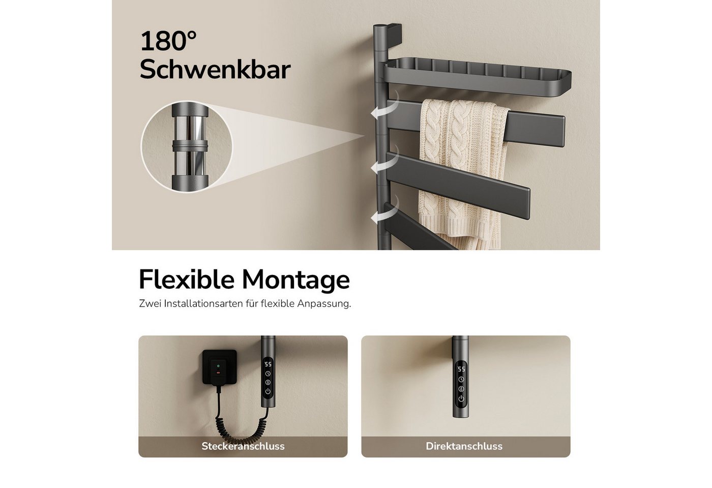 EMKE Elektrischer Badheizkörper Handtuchheizkörper, 180° drehbar, mit WLAN-, App- und Sprachsteuerung, Timer 1–24 h, 30–70 °C, IP45, FI-Schutzstecker, 76,9 × 45 cm, 120 W