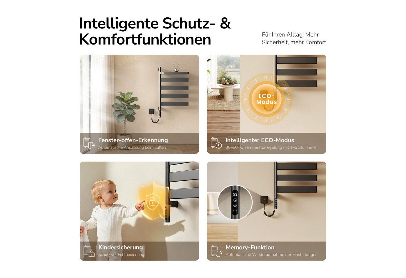 EMKE Elektrischer Badheizkörper Handtuchheizkörper, 180° drehbar, mit WLAN-, App- und Sprachsteuerung, Timer 1–24 h, 30–70 °C, IP45, FI-Schutzstecker, 76,9 × 45 cm, 120 W Bild 2