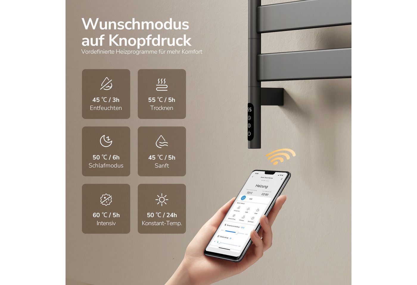 EMKE Elektrischer Badheizkörper Handtuchheizkörper, 180° drehbar, mit WLAN-, App- und Sprachsteuerung, Timer 1–24 h, 30–70 °C, IP45, FI-Schutzstecker, 76,9 × 45 cm, 120 W Bild 3