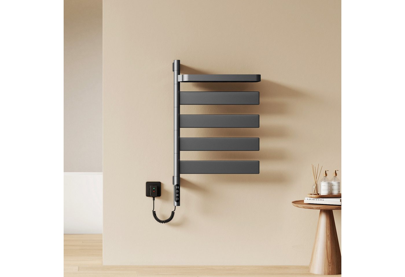 EMKE Elektrischer Badheizkörper Handtuchheizkörper, 180° drehbar, mit WLAN-, App- und Sprachsteuerung, Timer 1–24 h, 30–70 °C, IP45, FI-Schutzstecker, 76,9 × 45 cm, 120 W Bild 4