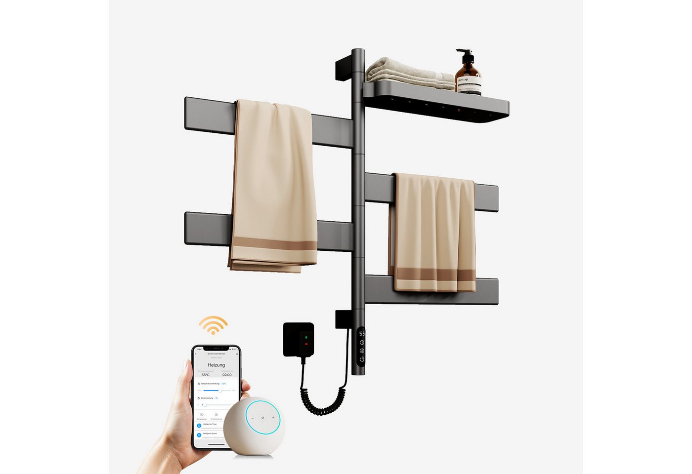 EMKE Elektrischer Badheizkörper Handtuchheizkörper, 180° drehbar, mit WLAN-, App- und Sprachsteuerung, Timer 1–24 h, 30–70 °C, IP45, FI-Schutzstecker, 76,9 × 45 cm, 120 W Bild 5