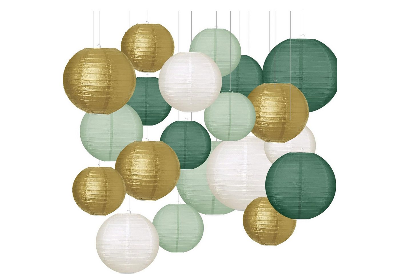 AIMAX Papierlaterne Grün Gold Weiß Lampion Lampe Laterne 20 Stück, Papierlaternen Lampenschirm, Wiederverwendbar, outdoor, party deko