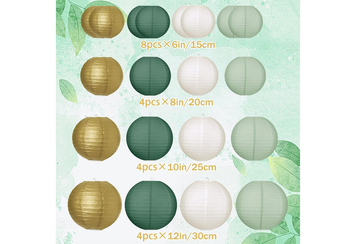 AIMAX Papierlaterne Grün Gold Weiß Lampion Lampe Laterne 20 Stück, Papierlaternen Lampenschirm, Wiederverwendbar, outdoor, party deko Bild 2