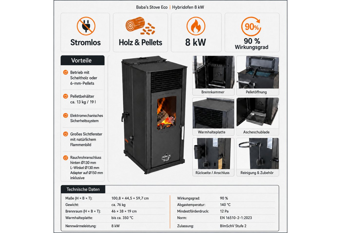 Baba's Kaminofen Eco Hybridofen Pellets und Holz Kombiofen Pelletofen ohne Strom, 8 kW, Dauerbrand, Dauerbrandofen, Holzofen Holz Ofen Kamin Bild 3
