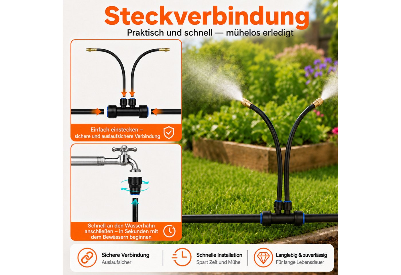 Rosnek Bewässerungssystem Garten DIY Tropfbewässerung mit Doppelanschluss, 9,5 mm Schlauch, (1-tlg), 10M, 360° Kupfer-Sprühdüsen, für Hochbeet, Rasen & Gewächshaus