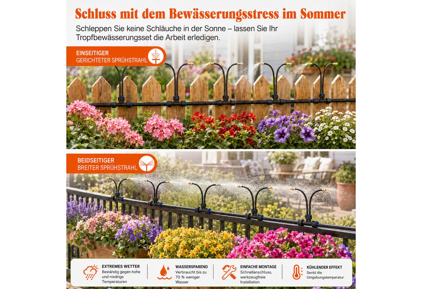 Rosnek Bewässerungssystem Garten DIY Tropfbewässerung mit Doppelanschluss, 9,5 mm Schlauch, (1-tlg), 10M, 360° Kupfer-Sprühdüsen, für Hochbeet, Rasen & Gewächshaus Bild 2