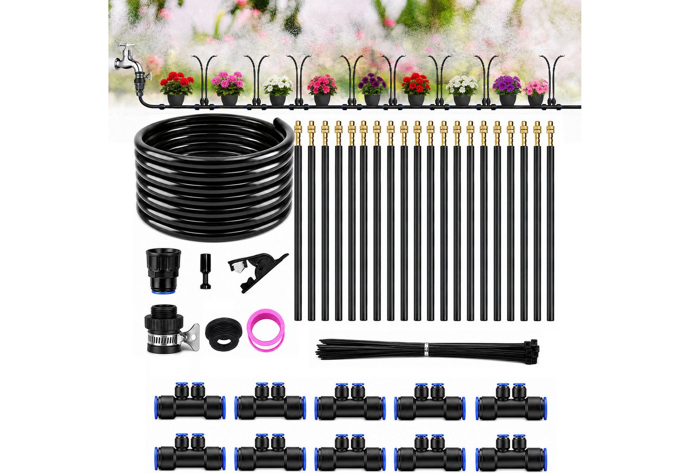 Rosnek Bewässerungssystem Garten DIY Tropfbewässerung mit Doppelanschluss, 9,5 mm Schlauch, (1-tlg), 10M, 360° Kupfer-Sprühdüsen, für Hochbeet, Rasen & Gewächshaus Bild 5