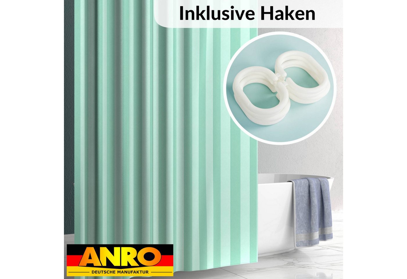 ANRO Duschvorhang aus Italien hochwertiger Badevorhang Textil mit Ösen und Haken Breite 180 cm (Packung, 1-tlg., Duschvorhang inkl. Aufhängeringe), robuster Vorhang Stangenaufhängung in Größe 200x180cm in grün