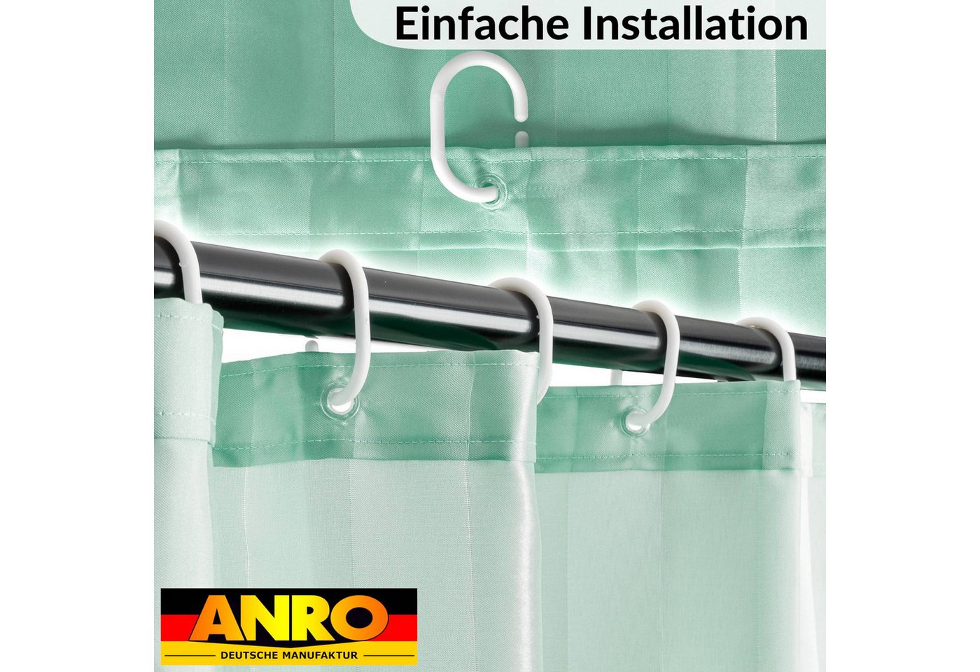 ANRO Duschvorhang aus Italien hochwertiger Badevorhang Textil mit Ösen und Haken Breite 180 cm (Packung, 1-tlg., Duschvorhang inkl. Aufhängeringe), robuster Vorhang Stangenaufhängung in Größe 200x180cm in grün Bild 2