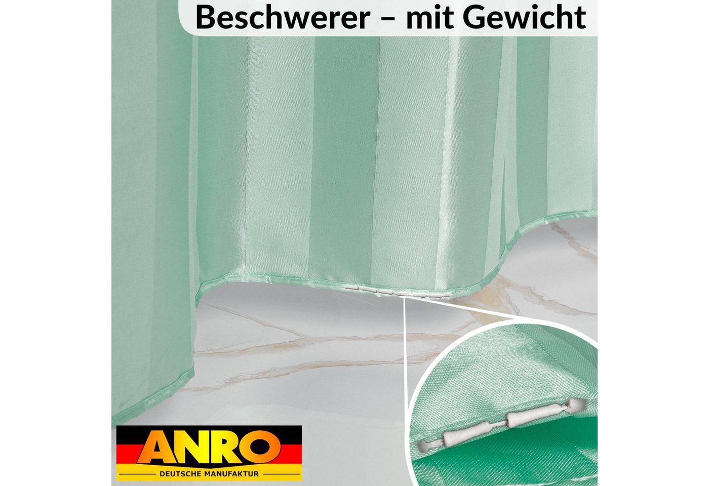 ANRO Duschvorhang aus Italien hochwertiger Badevorhang Textil mit Ösen und Haken Breite 180 cm (Packung, 1-tlg., Duschvorhang inkl. Aufhängeringe), robuster Vorhang Stangenaufhängung in Größe 200x180cm in grün Bild 4