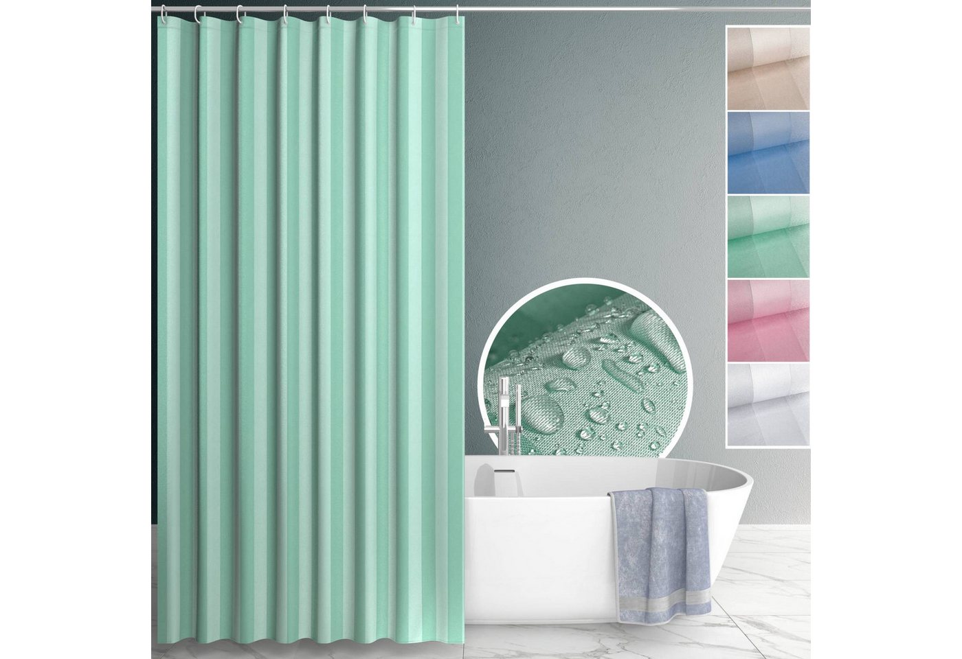 ANRO Duschvorhang aus Italien hochwertiger Badevorhang Textil mit Ösen und Haken Breite 180 cm (Packung, 1-tlg., Duschvorhang inkl. Aufhängeringe), robuster Vorhang Stangenaufhängung in Größe 200x180cm in grün Bild 5