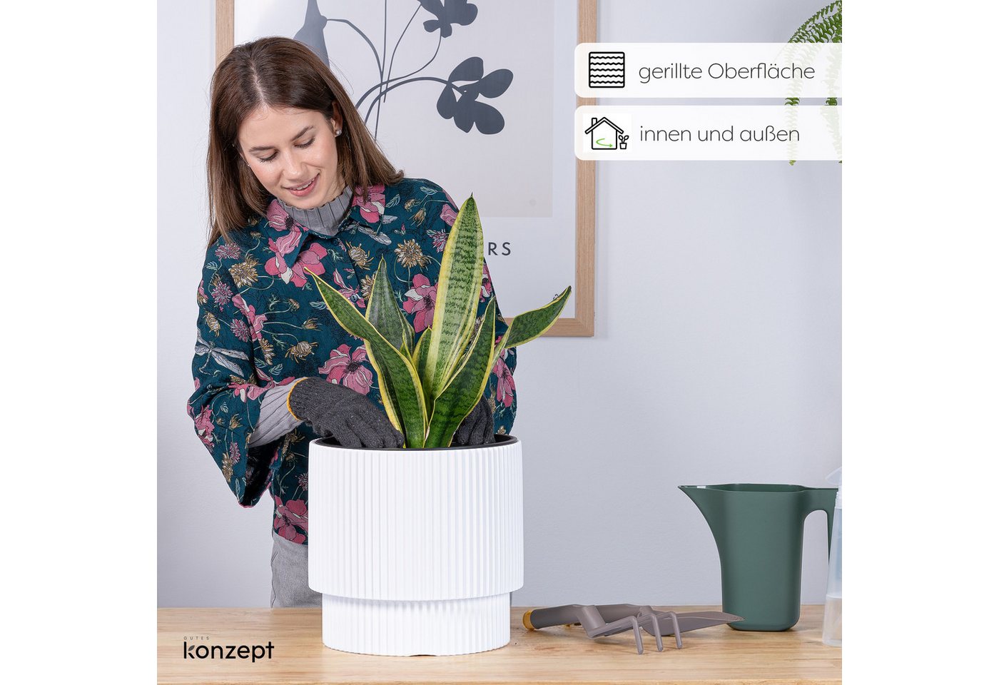KONZEPT Blumentopf aus Kunststoff mit Einsatz, 30 cm Durchmesser, 17 L, in Rippen-Optik, Rippen-Optik, Zylindrische Form Bild 5