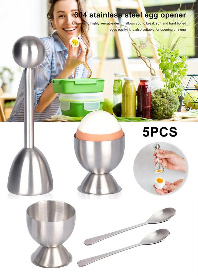 SURFOU Eierköpfer Eierschalenschneider Set 5-tlg. mit Eierbechern und Löffeln, (Eierköpfer aus Edelstahl mit 2 Eierbechern und 2 Löffeln, zum einfachen Öffnen von weich- und hartgekochten Eiern, ideal für Frühstück und Desserts, 5-tlg., Eierschalenöffner, Eierschalenschneider, Eierschalenöffner) Bild 2