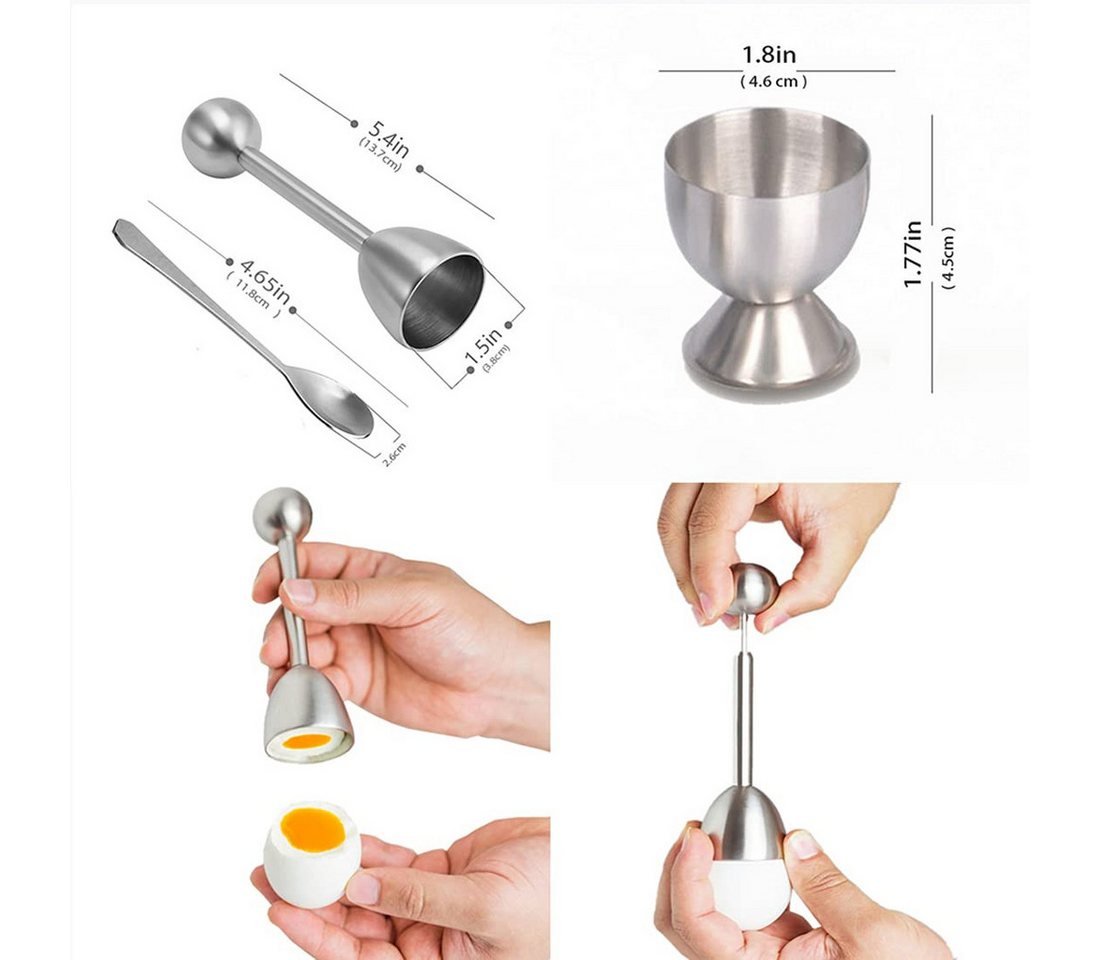 SURFOU Eierköpfer Eierschalenschneider Set 5-tlg. mit Eierbechern und Löffeln, (Eierköpfer aus Edelstahl mit 2 Eierbechern und 2 Löffeln, zum einfachen Öffnen von weich- und hartgekochten Eiern, ideal für Frühstück und Desserts, 5-tlg., Eierschalenöffner, Eierschalenschneider, Eierschalenöffner) Bild 3
