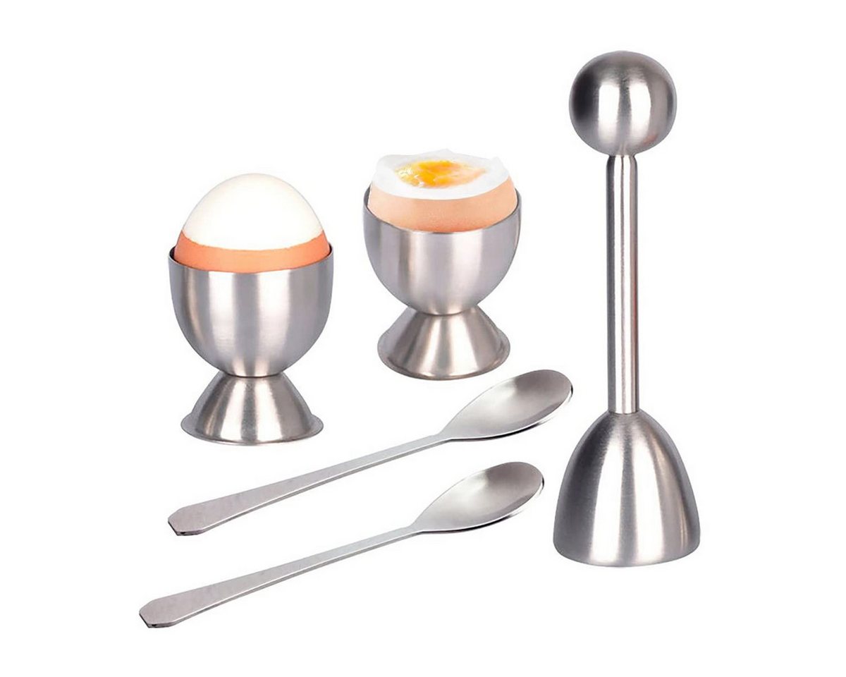 SURFOU Eierköpfer Eierschalenschneider Set 5-tlg. mit Eierbechern und Löffeln, (Eierköpfer aus Edelstahl mit 2 Eierbechern und 2 Löffeln, zum einfachen Öffnen von weich- und hartgekochten Eiern, ideal für Frühstück und Desserts, 5-tlg., Eierschalenöffner, Eierschalenschneider, Eierschalenöffner) Bild 4