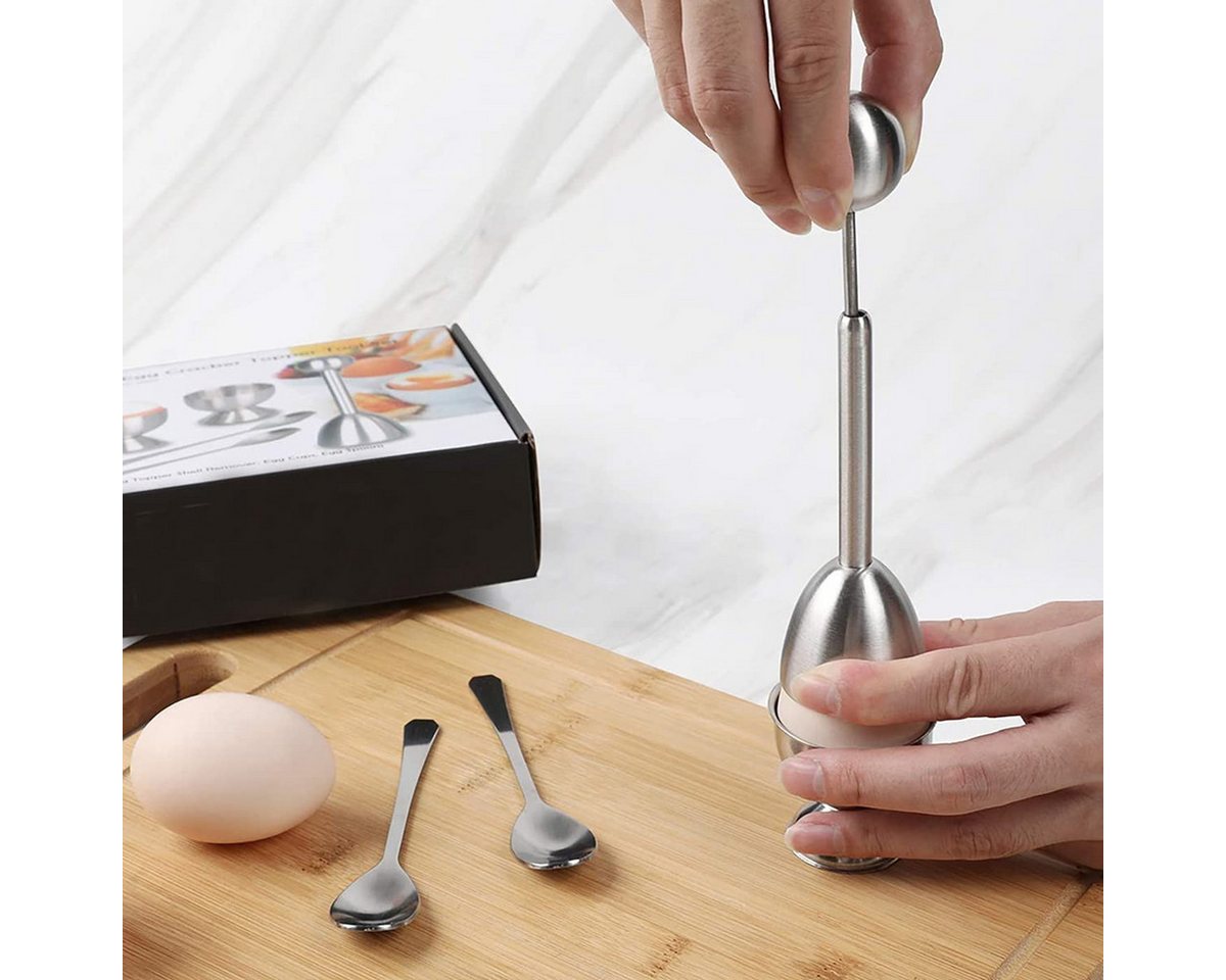 SURFOU Eierköpfer Eierschalenschneider Set 5-tlg. mit Eierbechern und Löffeln, (Eierköpfer aus Edelstahl mit 2 Eierbechern und 2 Löffeln, zum einfachen Öffnen von weich- und hartgekochten Eiern, ideal für Frühstück und Desserts, 5-tlg., Eierschalenöffner, Eierschalenschneider, Eierschalenöffner) Bild 5