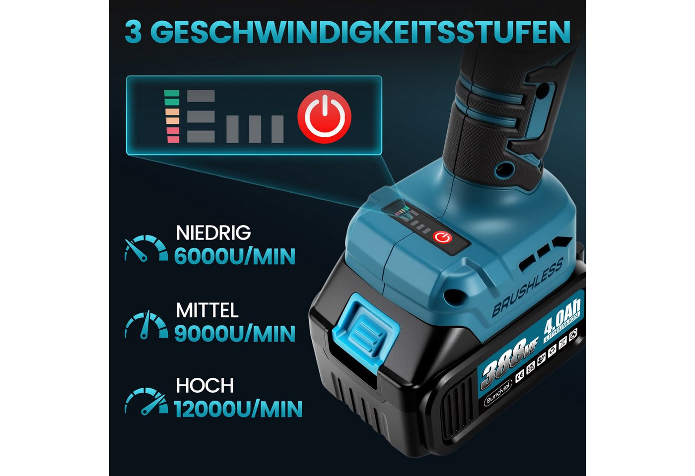 Bundviel Akku-Winkelschleifer Elektrischer Winkelschleifer 21V Bürstenloser Motor Trennschleifer, max. 12000 U/min, 12000 U/min, Ø 125mm inkl. 2×4,0Ah Akku und Ladegerät