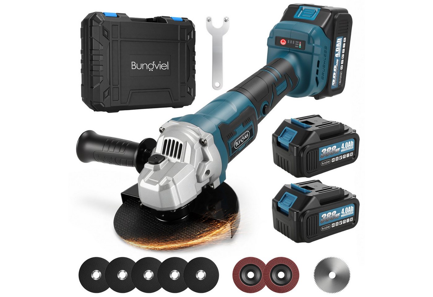 Bundviel Akku-Winkelschleifer Elektrischer Winkelschleifer 21V Bürstenloser Motor Trennschleifer, max. 12000 U/min, 12000 U/min, Ø 125mm inkl. 2×4,0Ah Akku und Ladegerät Bild 2