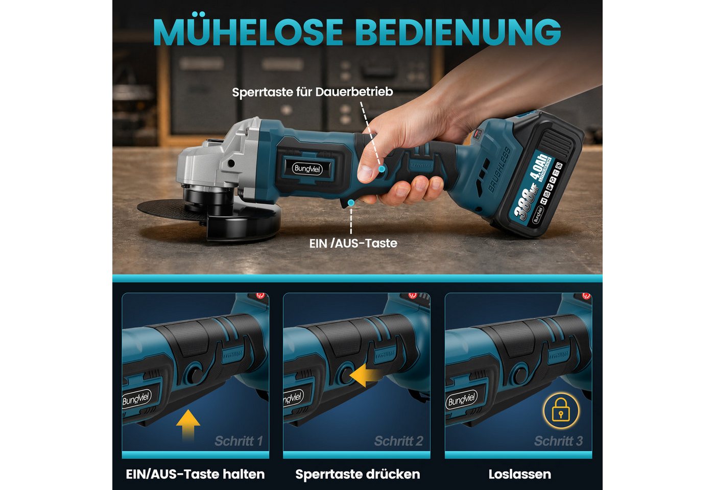 Bundviel Akku-Winkelschleifer Elektrischer Winkelschleifer 21V Bürstenloser Motor Trennschleifer, max. 12000 U/min, 12000 U/min, Ø 125mm inkl. 2×4,0Ah Akku und Ladegerät Bild 3