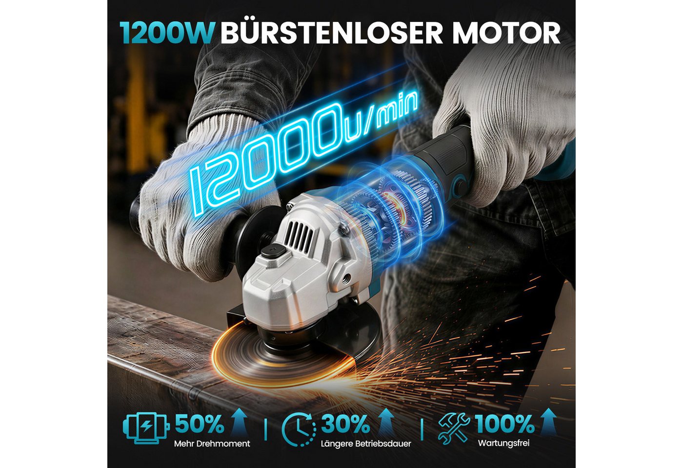 Bundviel Akku-Winkelschleifer Elektrischer Winkelschleifer 21V Bürstenloser Motor Trennschleifer, max. 12000 U/min, 12000 U/min, Ø 125mm inkl. 2×4,0Ah Akku und Ladegerät Bild 4