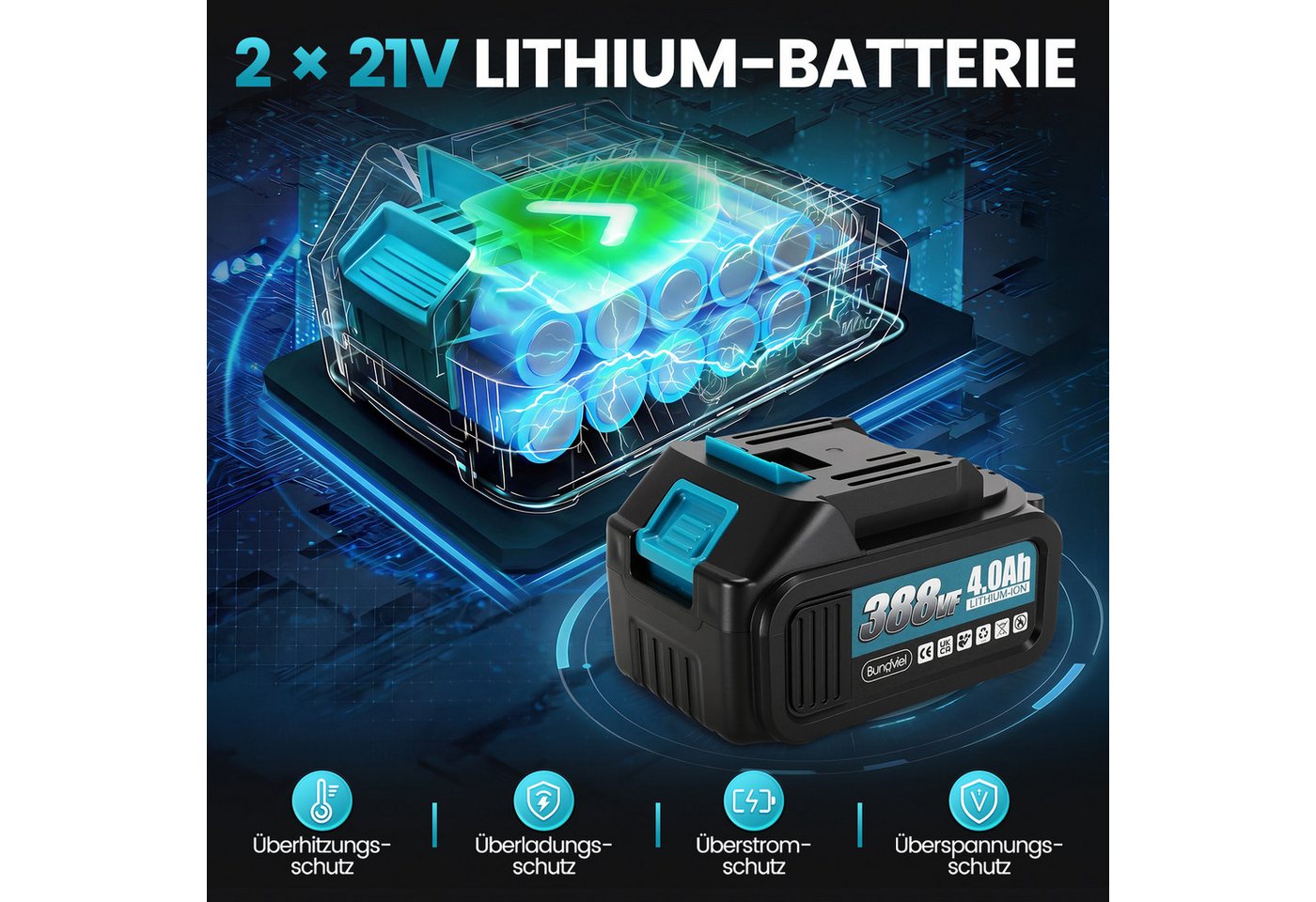 Bundviel Akku-Winkelschleifer Elektrischer Winkelschleifer 21V Bürstenloser Motor Trennschleifer, max. 12000 U/min, 12000 U/min, Ø 125mm inkl. 2×4,0Ah Akku und Ladegerät Bild 5