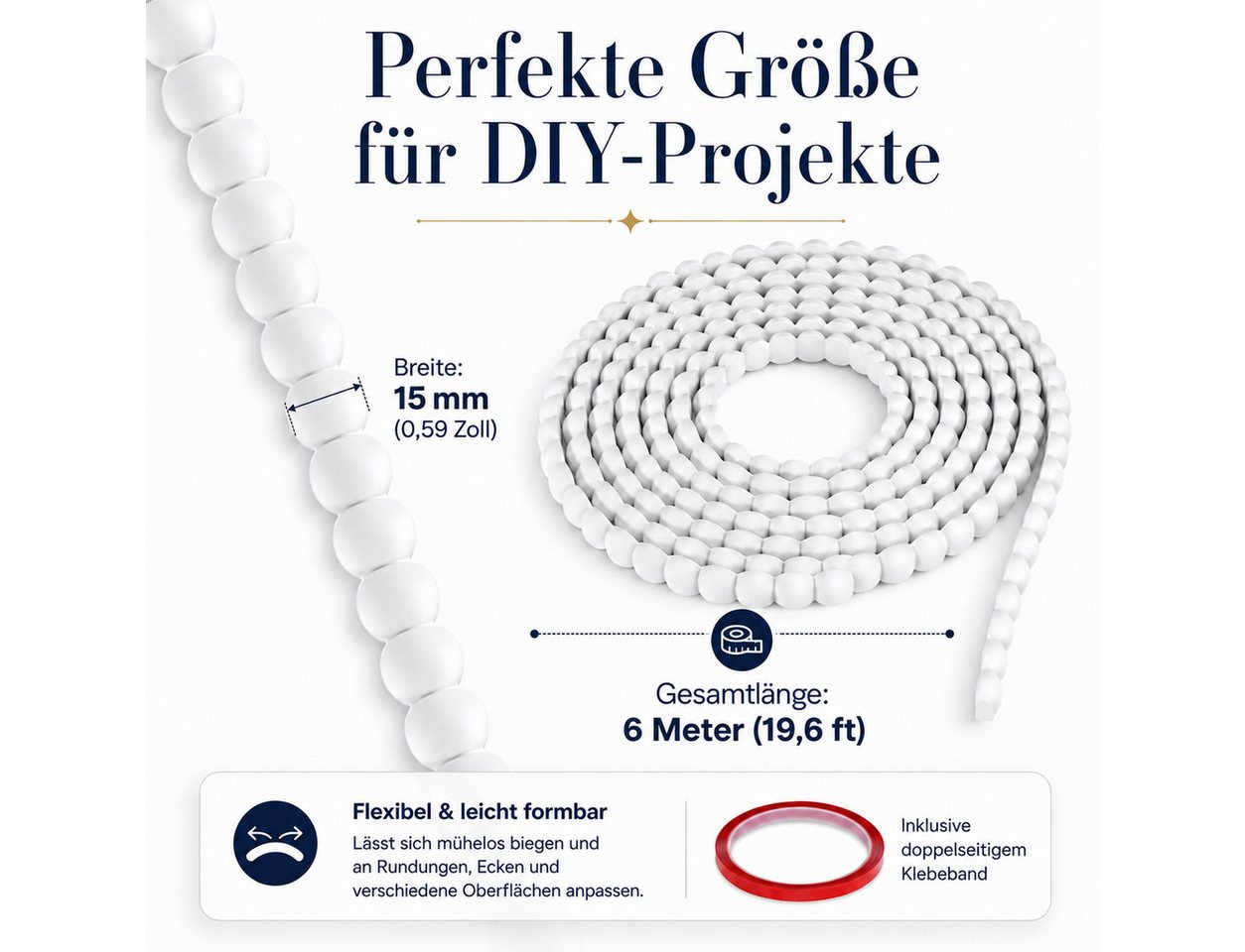 BlingBin Zierleiste PVC Zierleiste selbstklebend, 15 mm x 6 m, überstreichbare, selbstklebend, PVC, 2er Set, 2-St., Wandleiste, Zuschneiden, Dekorleiste für Wandfliesen und Möbelkanten