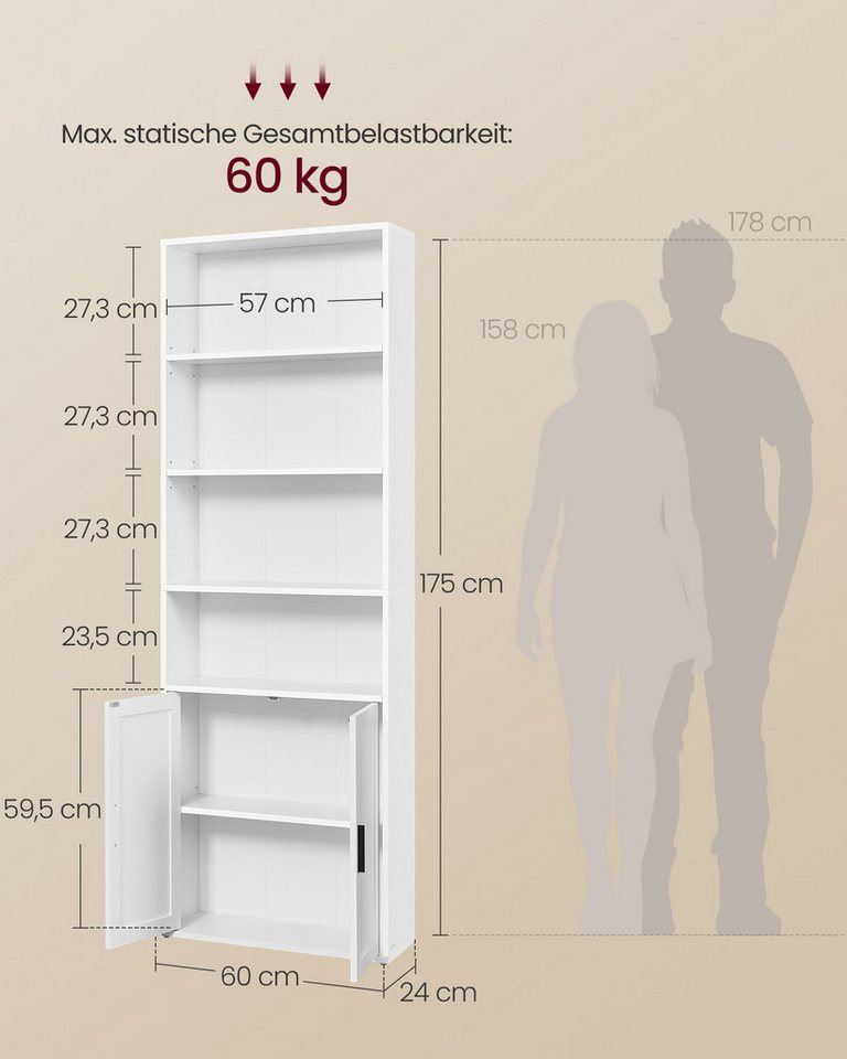 VASAGLE Bücherregal Standregal mit Tür, 2 -tlg., 6-stöckiges hohes Regal, offenen Fächern, 24 x 60 x 175 cm Bild 3