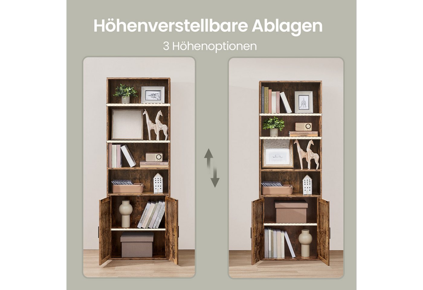 VASAGLE Bücherregal Standregal mit 2 Türen, 6-stöckiges hohes Regal, 60 x 24 x 175 cm
