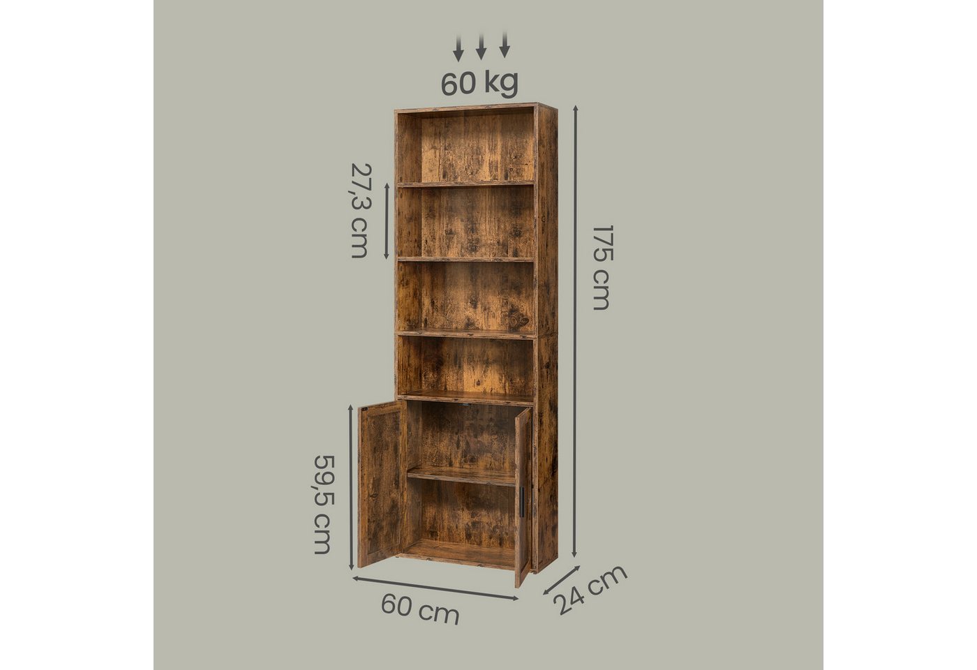 VASAGLE Bücherregal Standregal mit 2 Türen, 6-stöckiges hohes Regal, 60 x 24 x 175 cm Bild 2
