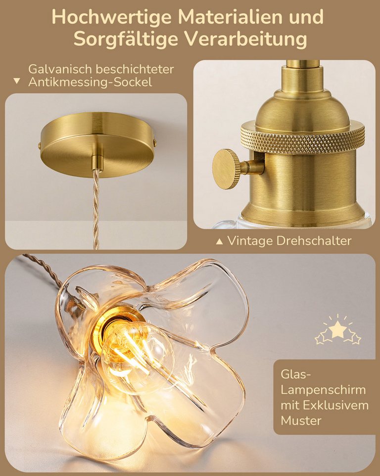 EDISHINE Pendelleuchte Glas, LED wechselbar, warmweiß, 1,5 m höhenverstellbares Hanfseil, für Kücheninsel, Esstisch und Flur Bild 3