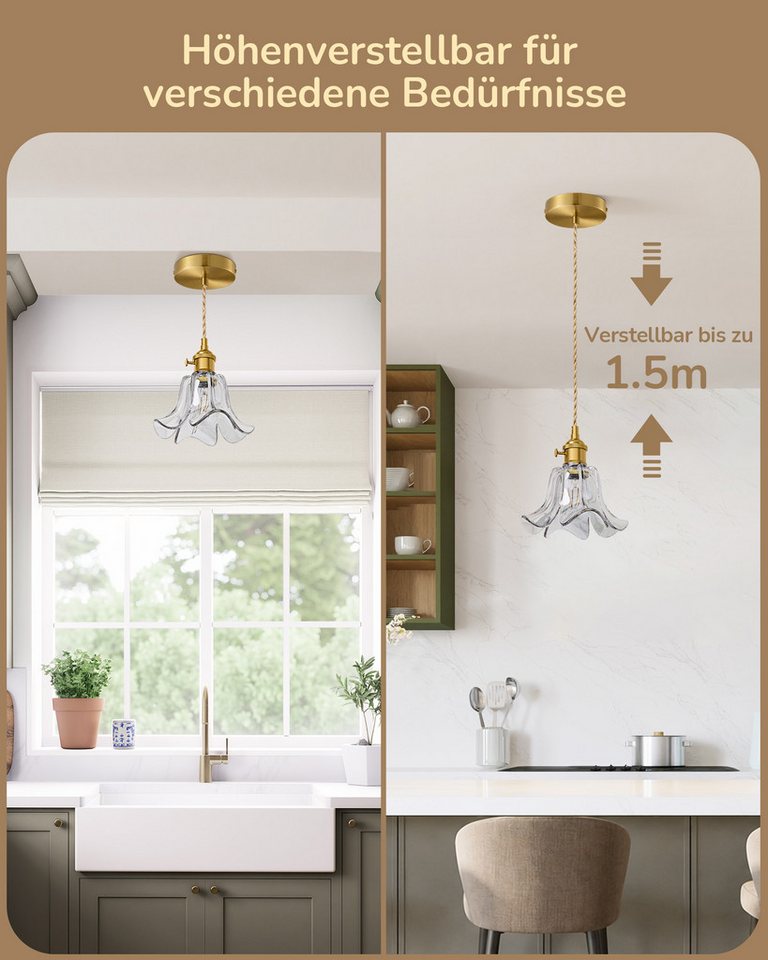 EDISHINE Pendelleuchte Glas, LED wechselbar, warmweiß, 1,5 m höhenverstellbares Hanfseil, für Kücheninsel, Esstisch und Flur Bild 4